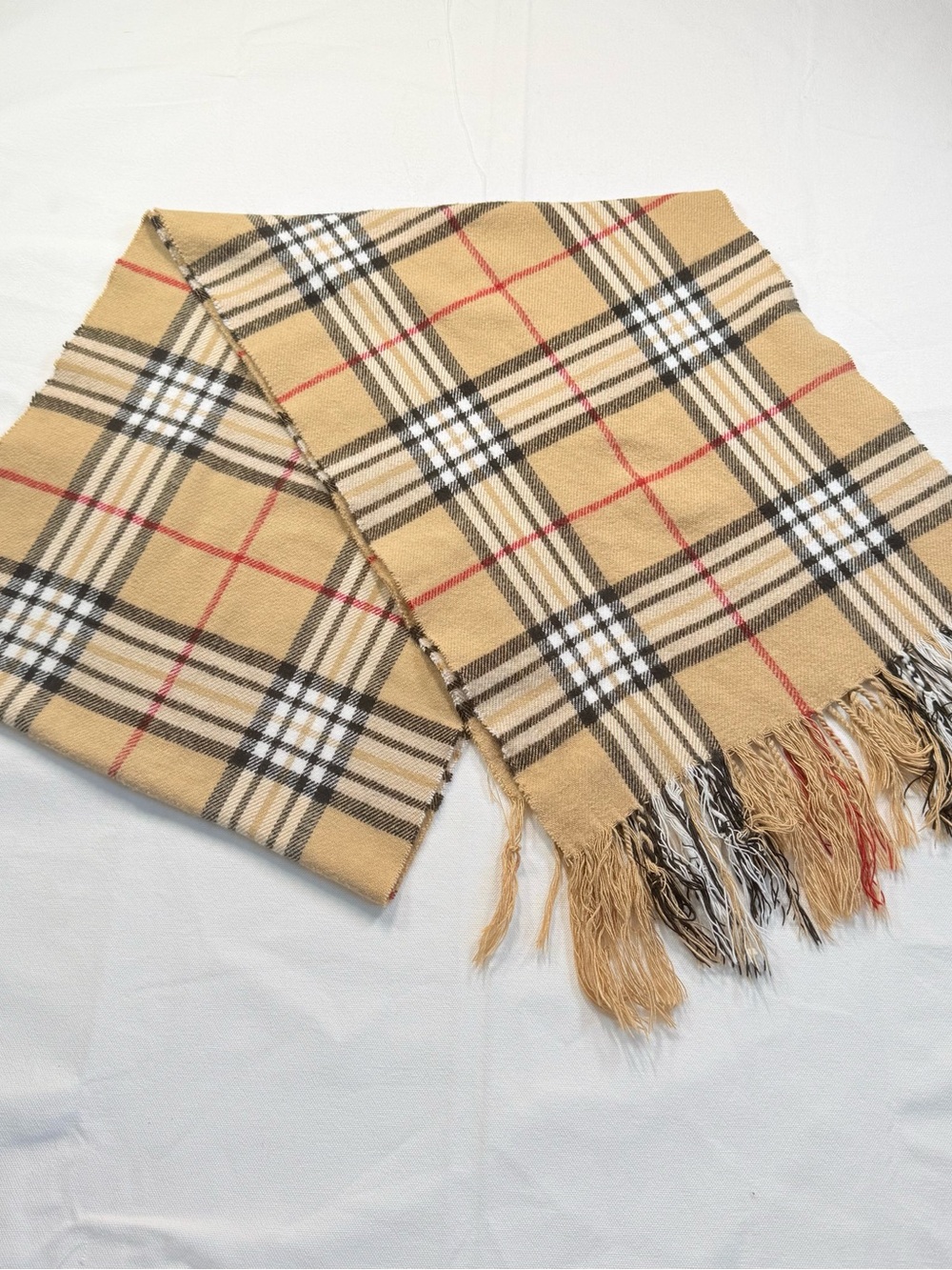 Vintage Tan Plaid Cashmere Scarf – Fringed Winter Wrap – Made in Scotland
